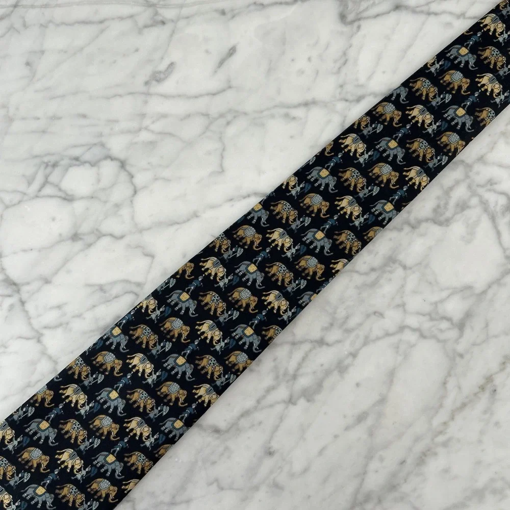 Jim Thompson 100% Silk Tie Whimsical Elephants Animal Print Blue & Tan